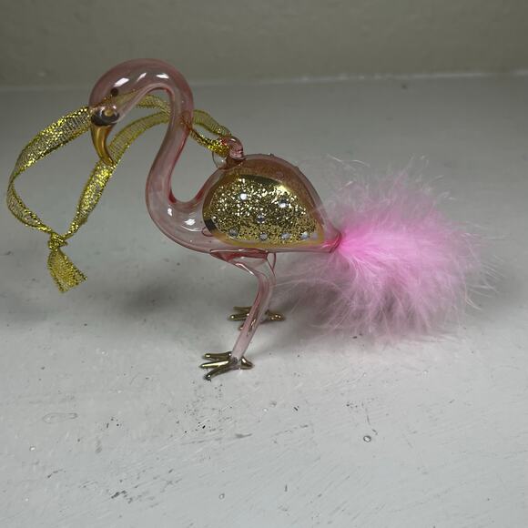 Art Glass Pink Flamingo Ornament Hallmark 4" Feathers Gold 2018 - Picture 1 of 6